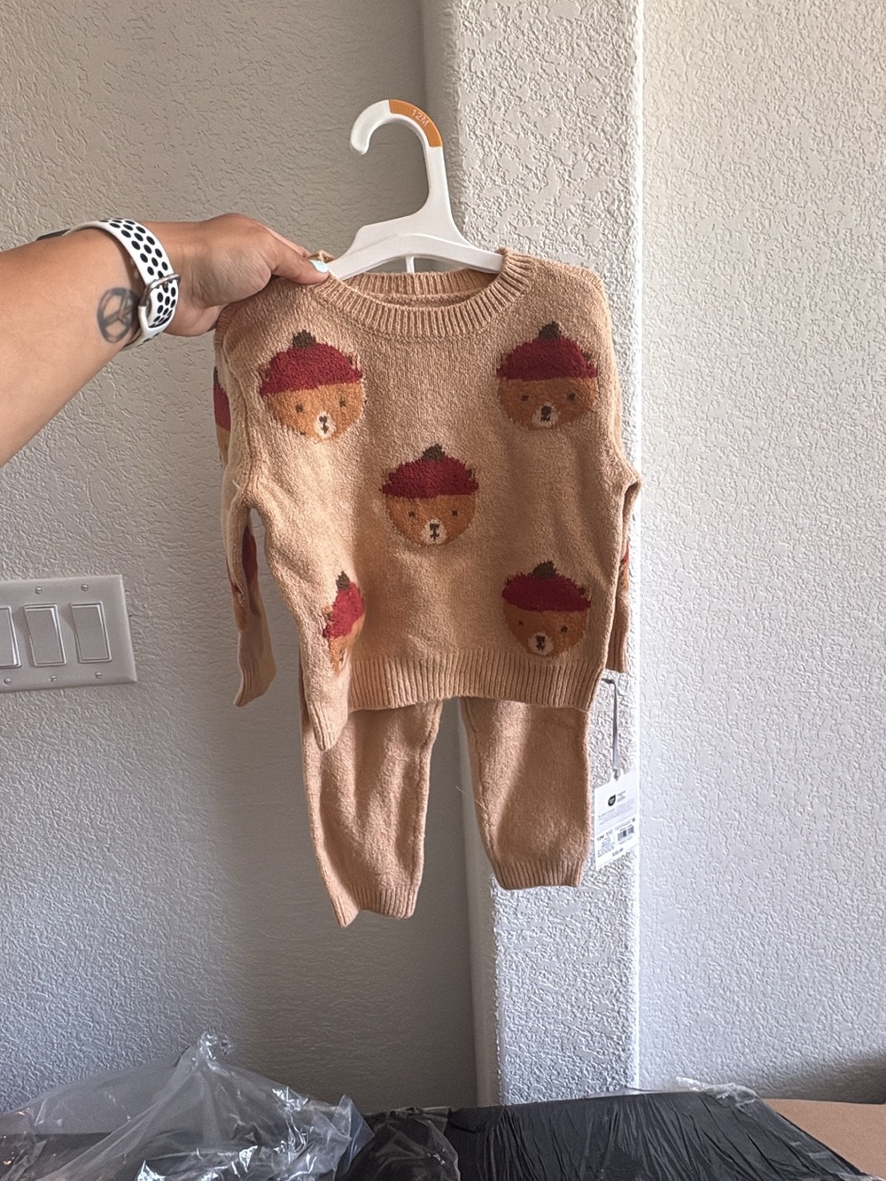cloud island Tan Bear Sweater & Pants Set with Red Accents